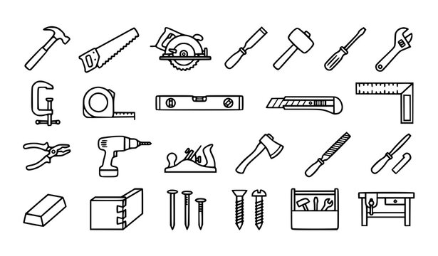 Hand Tools and Carpentry Equipment Line Icon Set with Hammer Saw Drill Wrench and Woodworking Symbols for Hardware Store Construction Vector Designs