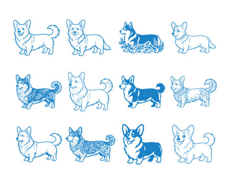 Cute Corgi dog seamless pattern in blue line art style