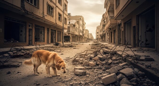 Lone Dog Navigating War-Torn City Ruins Under Gloomy Sky