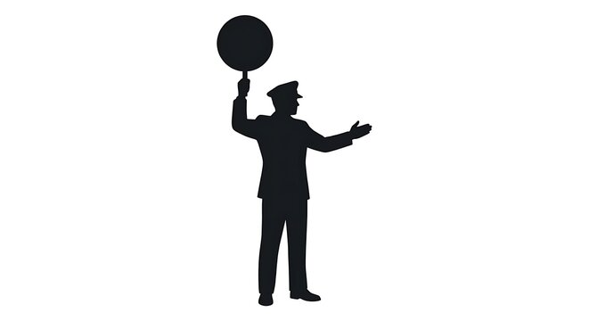 Station master silhouette signaling with a round stop paddle