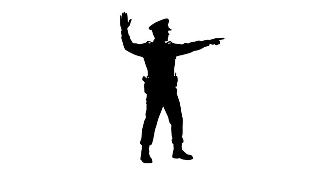 Silhouette of a police officer directing traffic and signaling stop
