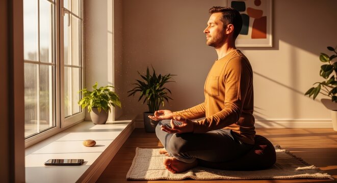 Man practicing mindful meditation indoors bathed in warm sunlight