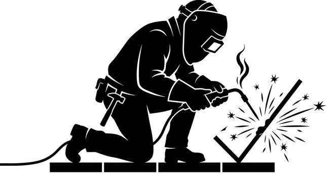Kneeling welder working on metal framework with tool belt