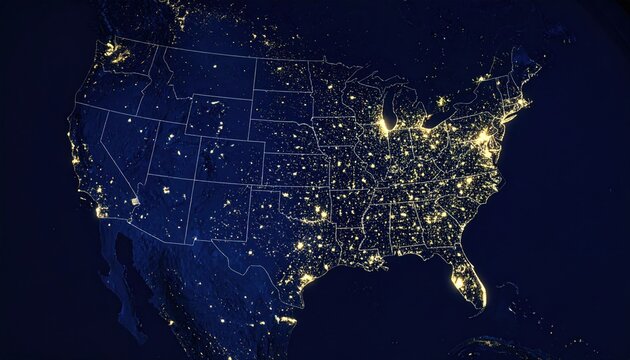 USA Map At Night From Space With City Lights Glowing