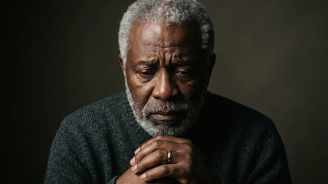 A senior man with a serious expression, hands clasped together and head bowed.