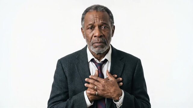 A senior man spreads his arms wide, then places his hand on his chest and apologizes.