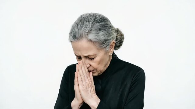 An elderly woman clasps her hands together as if trying to hold back tears and offers a deep apology.
