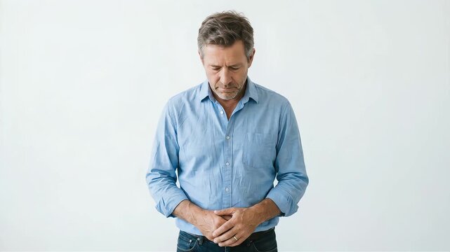 A middle-aged man stands dejectedly with his head bowed in front of a white background.