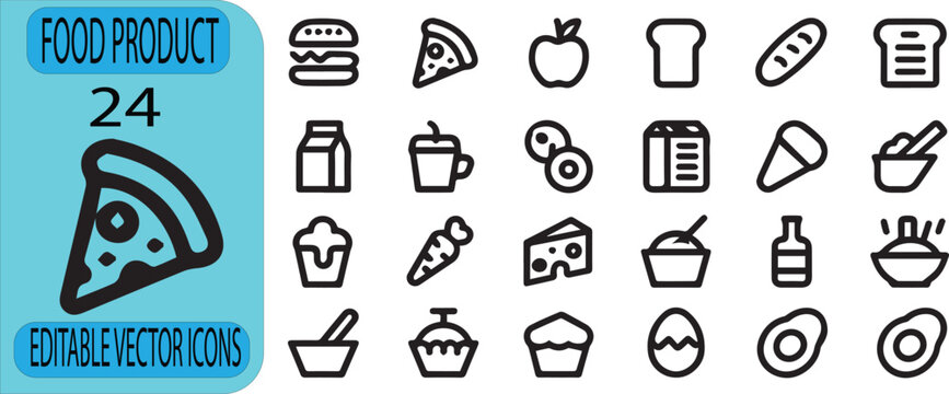Food product line icons collection featuring pizza, burger, bread, fruits, dairy, desserts, editable vector set for branding design