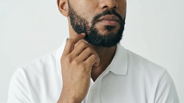A Black man wearing a white polo shirt checks the texture of his beard and skin with his index finger.