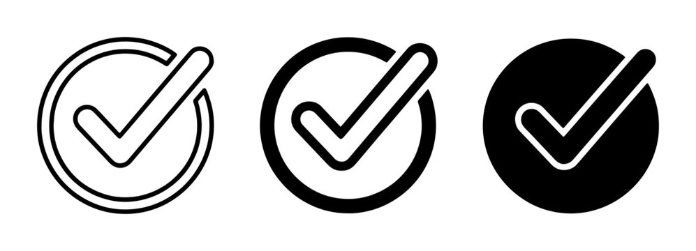 Checkmark Icons Set, Simple Tick Mark Symbols in Circles, Approved Status and Confirmation Graphics, Vector Illustrations