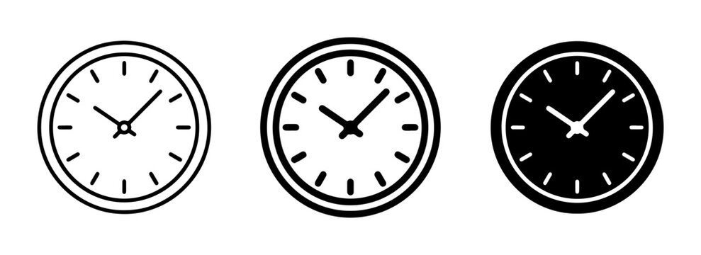Simple Clock Icons, Timekeeping Symbols, Circular Watch Faces, Minimalist Time Graphics, Vector Illustrations for Schedules and Deadlines