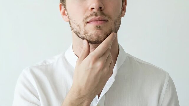 A white-shirted Caucasian man checks his appearance by running his palm over the skin of his chin and neck.