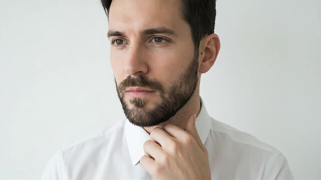 A white man in a business shirt is deep in thought, his face serious, as he touches his neck and chin with his fingers.