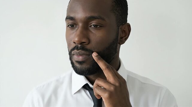 A Black man in a business shirt turns to the side, looking thoughtful, while touching his neck and chin.