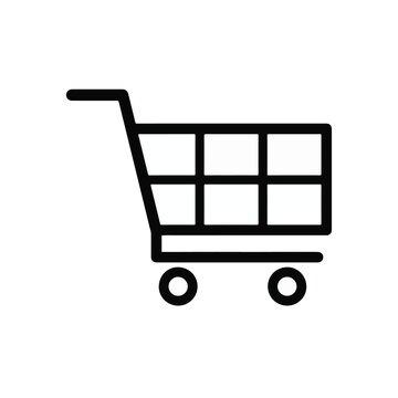 Black and white icon of a shopping cart with four squares and two circular wheels.