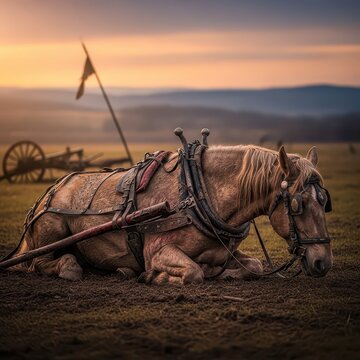Mud caked warhorse lying still in field at sunset