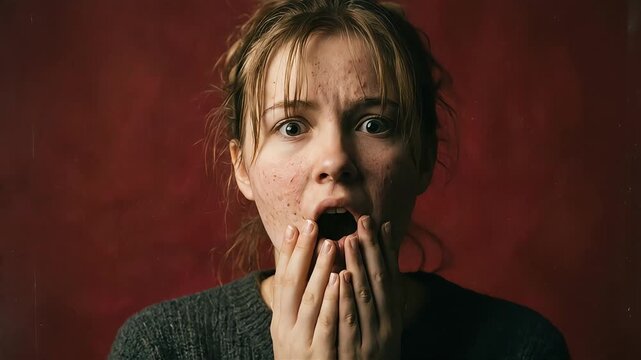A woman's eyes widen in shock when she sees the terrible skin condition on her face.