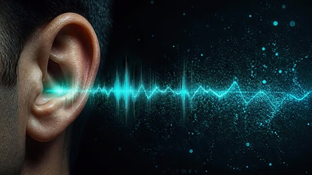 Human ear receiving glowing digital blue sound wave signal