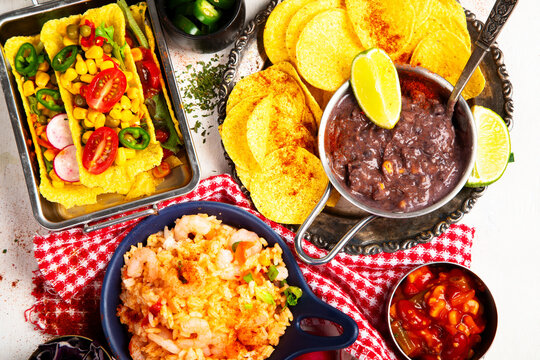 Mexican cuisine concept. Mexican food table with traditional dishes.