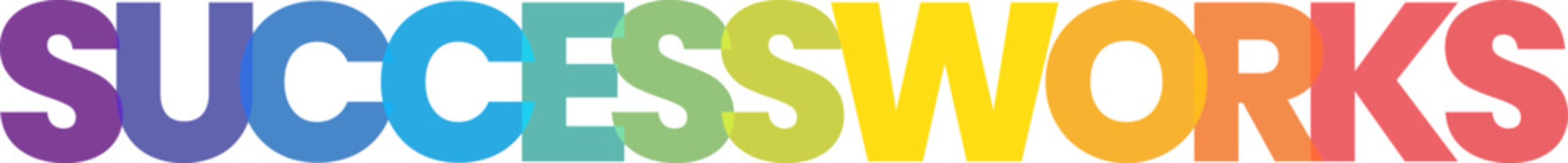 A vibrant SUCCESSWORKS text in a dynamic rainbow gradient, symbolizing achievement and growth for creative projects