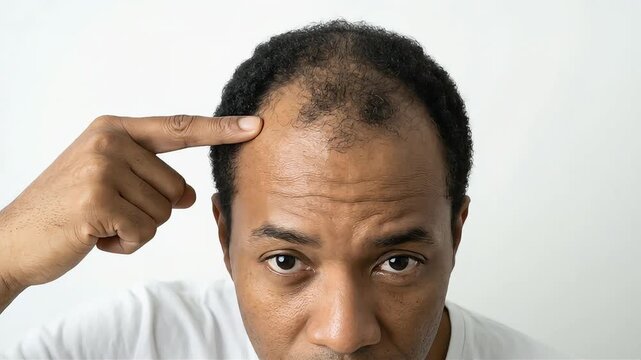 A man with a sad expression points to his receding hairline.