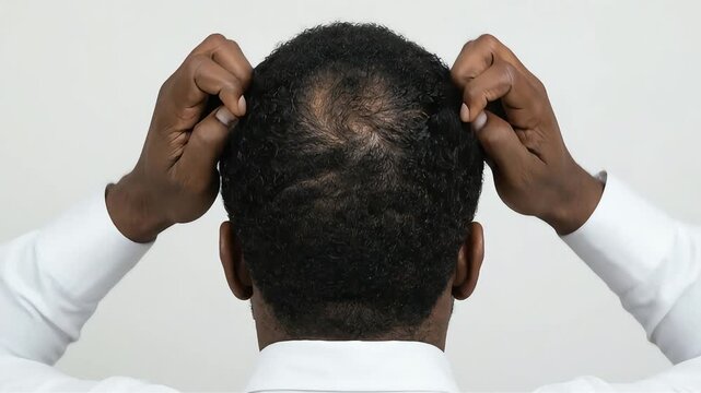 A Black man touches his scalp with both hands, showing concern about thinning hair on the top of his head.