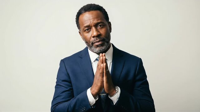 A Black man in a business suit, with a serious expression, clasps his hands together and offers a prayer or wish.