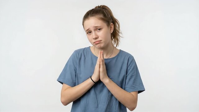 A young woman with a ponytail stands before a white background, her face sad, hands clasped together, pleading.