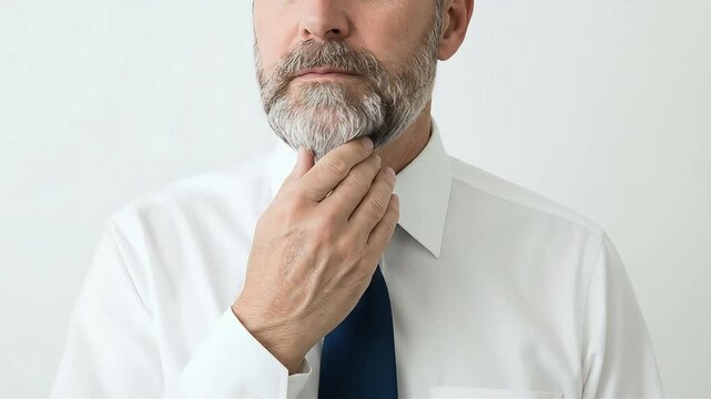 A close-up of a man in a white shirt and tie, trimming his beard.