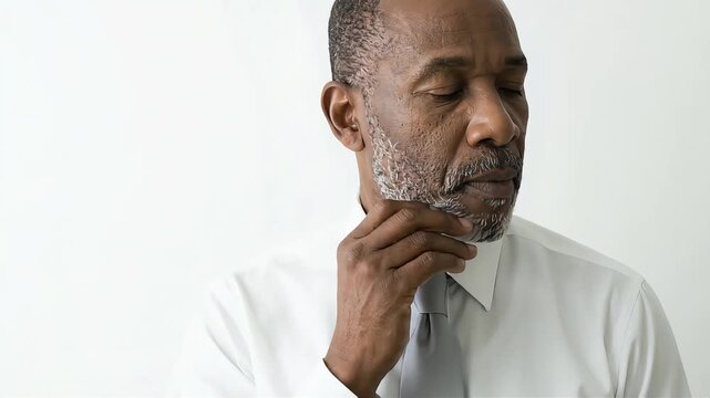 A senior Black businessman, with his hand on his chin, deep in thought.