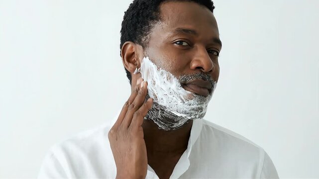 A Black man applies shaving cream to his face before shaving.