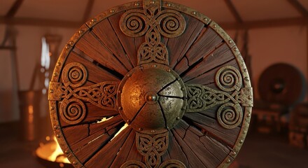 Fototapeta premium Ornate Viking Wooden Shield Fragmented With Metal Boss