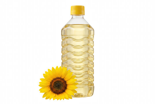 Sunflower oil in plastic bottle and a fresh blooming sunflower