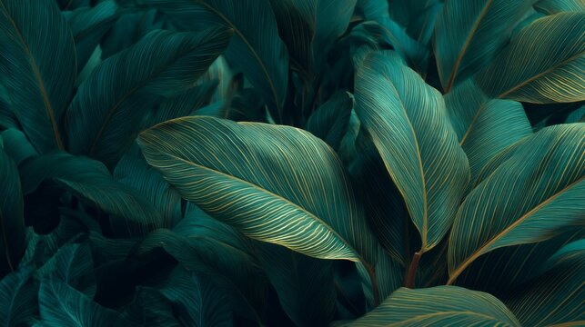 Lush Green Tropical Leaves with Intricate Veins and Rich Textures Perfect for Nature and Botany Enthusiasts in a Cool and Serene Atmosphere