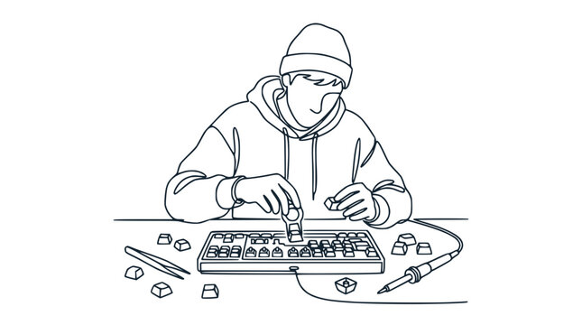 Person building custom mechanical keyboard, soldering components, hobbyist DIY