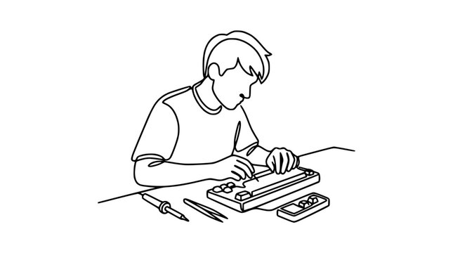 Young man assembling electronic device with tools, continuous line drawing