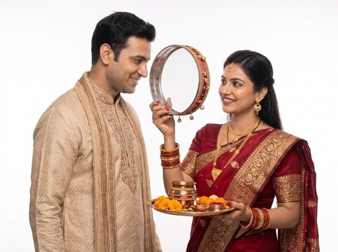 Indian Married Woman Viewing Her Husband Through Traditional Chalni During Karwa Chauth Ritual on White Background