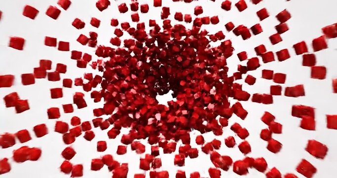 Single Red Brick Exploding into Many Small Fragments on White Background