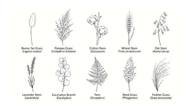 Hand drawn botanical line art collection, set of 10 dried grass and flower sketches, minimalist floral vector illustrations for wedding stationery