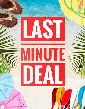 Last minute deal banner over tropical beach background, summer season promotion background idea