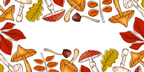 Autumn natural border with mushroom and falling leaves. Fall season celebration, harvest time illustration for greeting card, banner in cartoon. © Iryna
