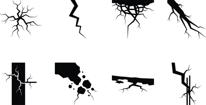 Cracked Wall and Ground Crack Icon Set Black Silhouette Collection for Damage Design