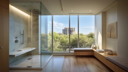 Fototapeta premium Modern bathroom design featuring glass shower enclosure, spacious window view, natural light, sleek wooden accents, and serene urban landscape surroundings