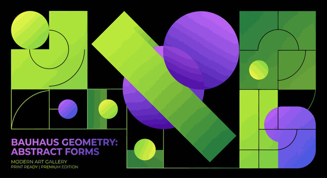Abstract geometric poster design with vibrant green and purple gradient shapes on a dark background