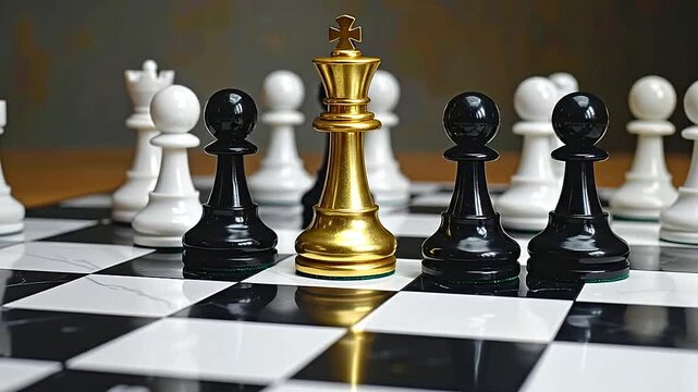 A golden chess piece stands prominently among black and white pawns on a checkered board