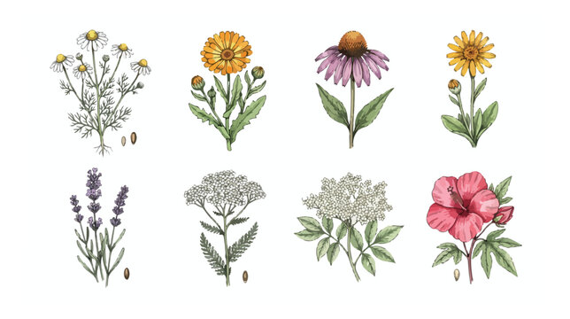 Vintage botanical medicinal herbs collection, set of 8 floral vector illustrations, chamomile lavender and echinacea plants for herbal medicine