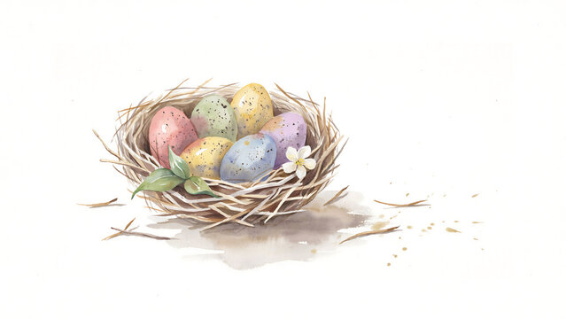 Watercolor bird nest with colorful speckled easter eggs isolated on a transparent background