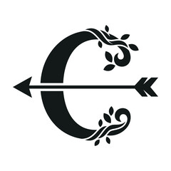 Naklejka premium Black letter C pierced by arrow with floral designs on white background symbol