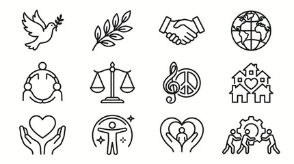 Fototapeta premium Collection of Minimalist Line Art Icons Representing Peace Harmony Community and Global Cooperation